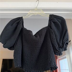 Black Smocked Puff-Sleeve Women's Top